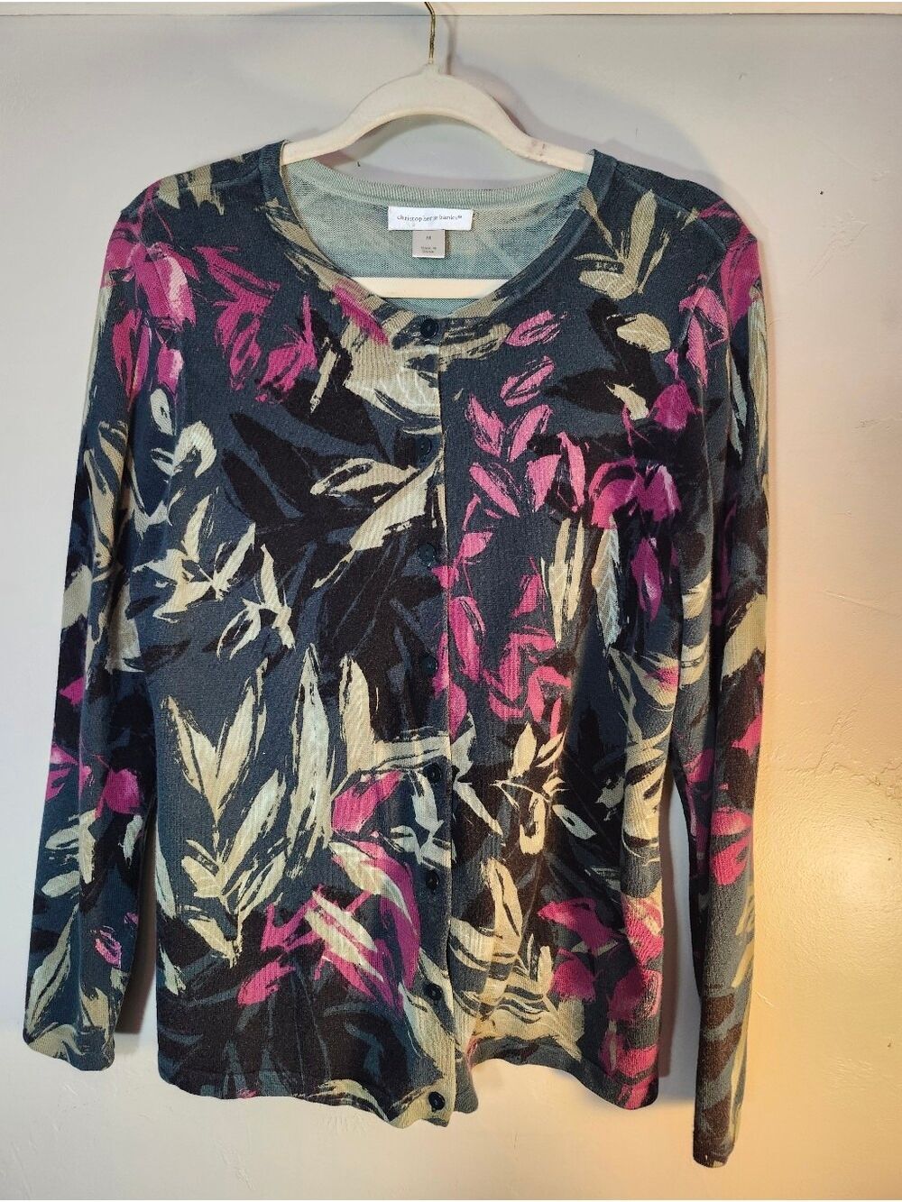 Christopher & Banks Black Floral Button-Front Cardigan with Pink Accents
